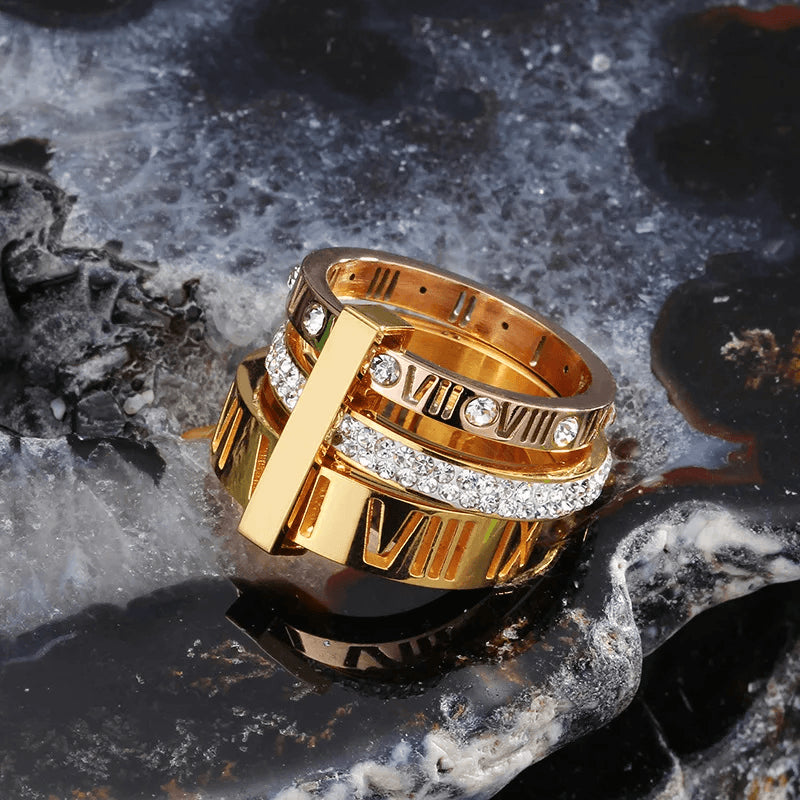 Anel Aro Triplo Roman Banhado em Ouro 18K