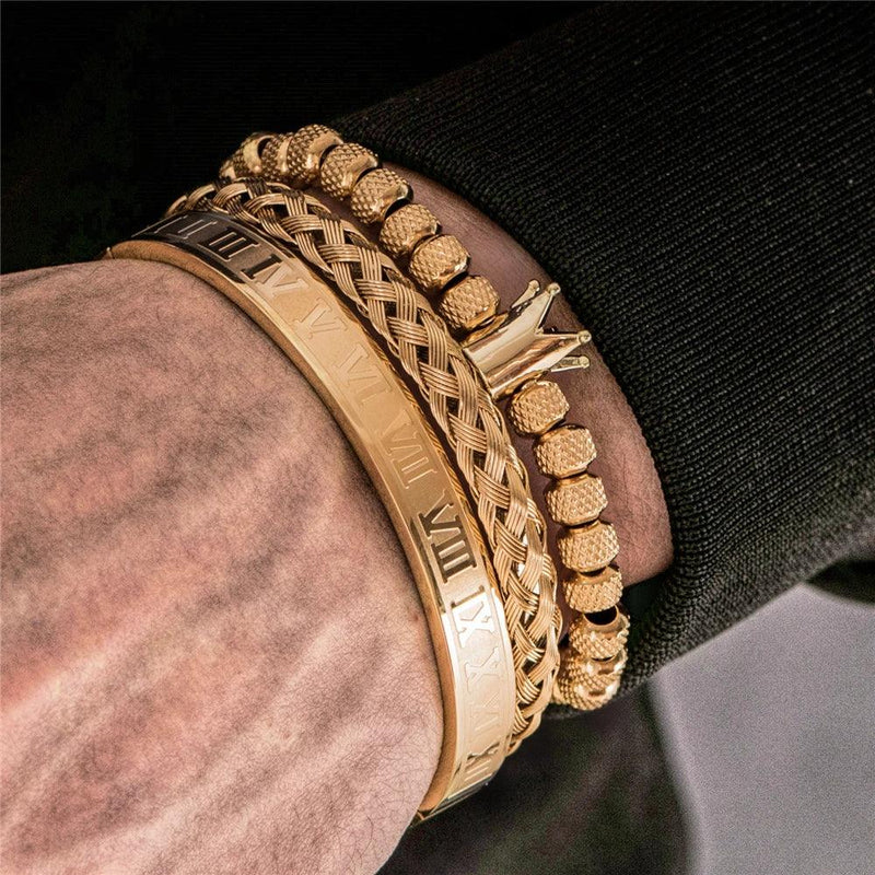 Conjunto de Pulseiras Masculinas Ajustáveis em Aço Inoxidável - Riqueza Romana - Armadara