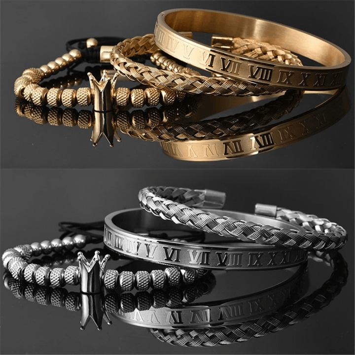 Conjunto de Pulseiras Masculinas Ajustáveis em Aço Inoxidável - Riqueza Romana - Armadara