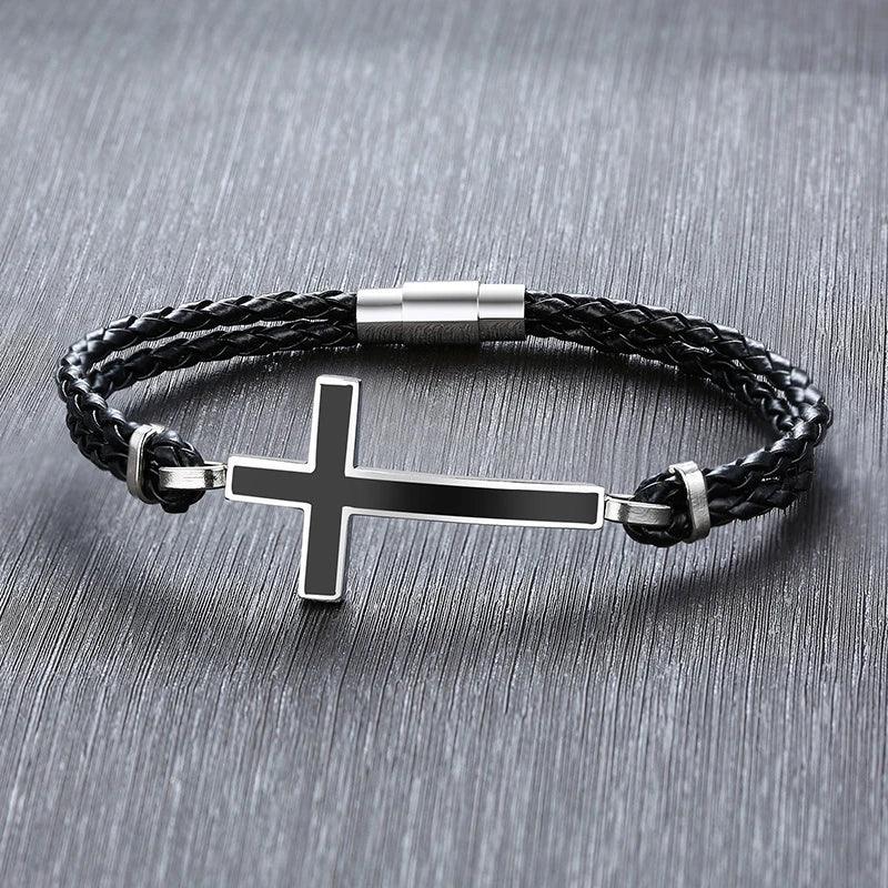 Pulseira Masculina de Couro com Cruz Minimalista em Aço Inoxidável - Prayer with Faith - Armadara